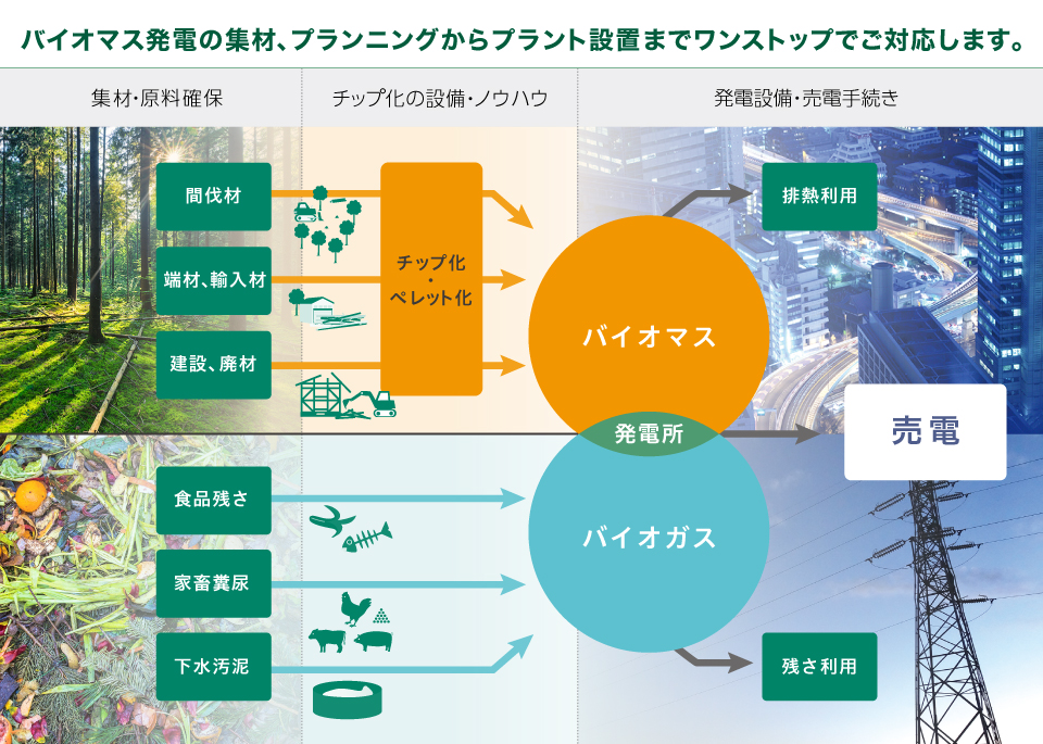 バイオマス発電の集材・プランニングからプラント設置までワンストップでご対応します。