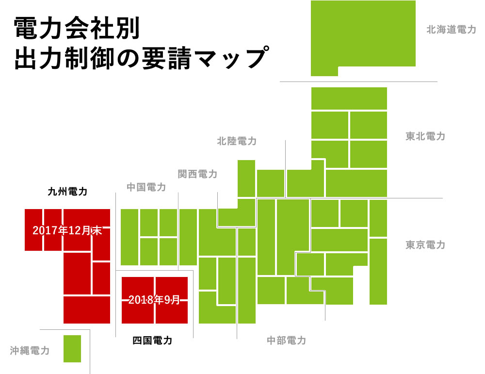 電力会社別の出力制御の要請マップ